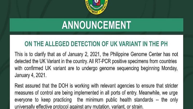 Wala pang UK variant ng COVID-19 sa Pilipinas ayon sa DOH