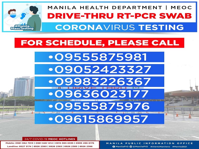 Manila City LGU nagdagdag pa ng mga numerong maaring tawagan para sa mga gustong mag-avail ng drive thru swab test