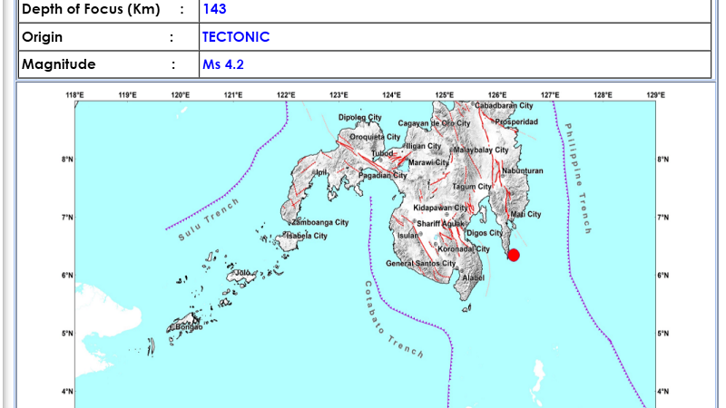 Governor Generoso, Davao Oriental niyanig ng magnitude 4.2 na lindol