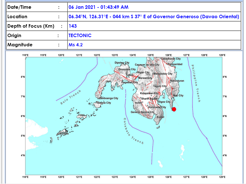 Governor Generoso, Davao Oriental niyanig ng magnitude 4.2 na lindol