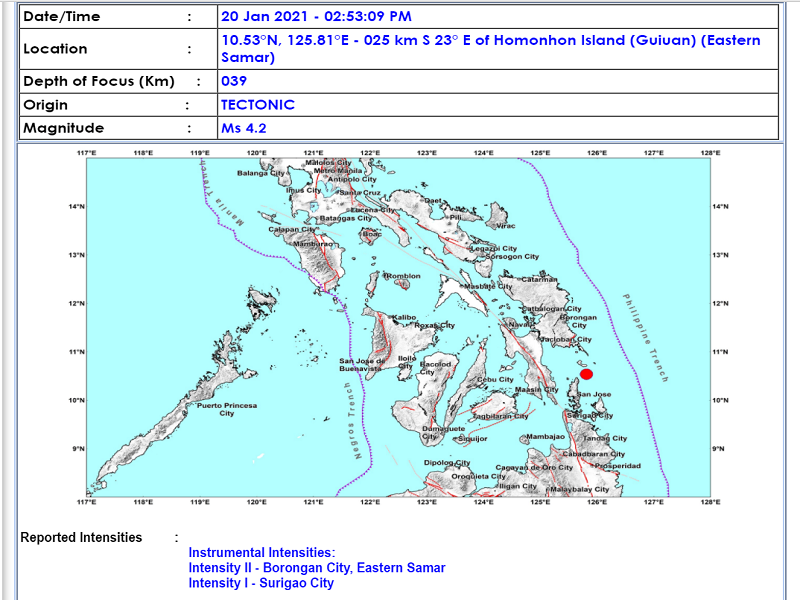 Guiuan, Eastern Samar niyanig ng magnitude 4.2 na lindol