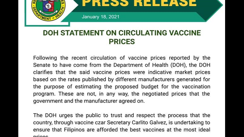 DOH nagbigay-linaw sa naglalabasang presyo ng COVID-19 vaccine