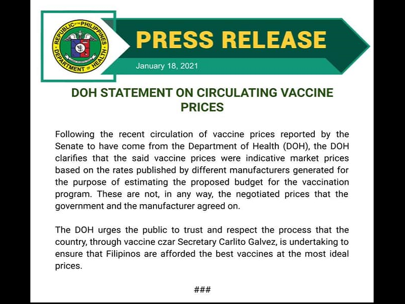 DOH nagbigay-linaw sa naglalabasang presyo ng COVID-19 vaccine