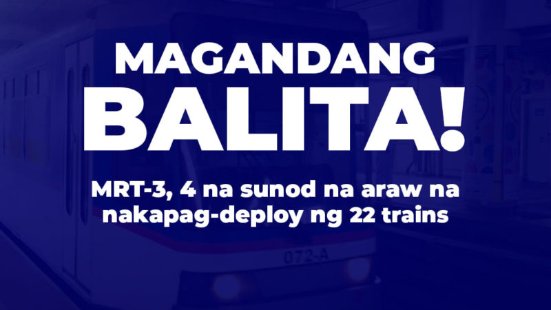 MRT-3 apat na sunod na araw nang nakapagde-deploy ng 22 trains