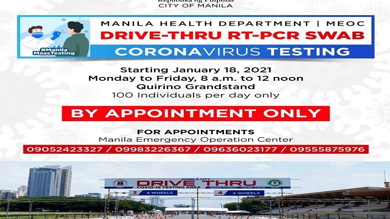 Free drive-thru swab testing ilulunsad sa Maynila sa Lunes