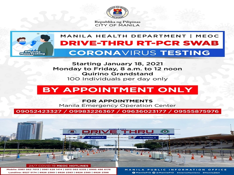 Free drive-thru swab testing ilulunsad sa Maynila sa Lunes