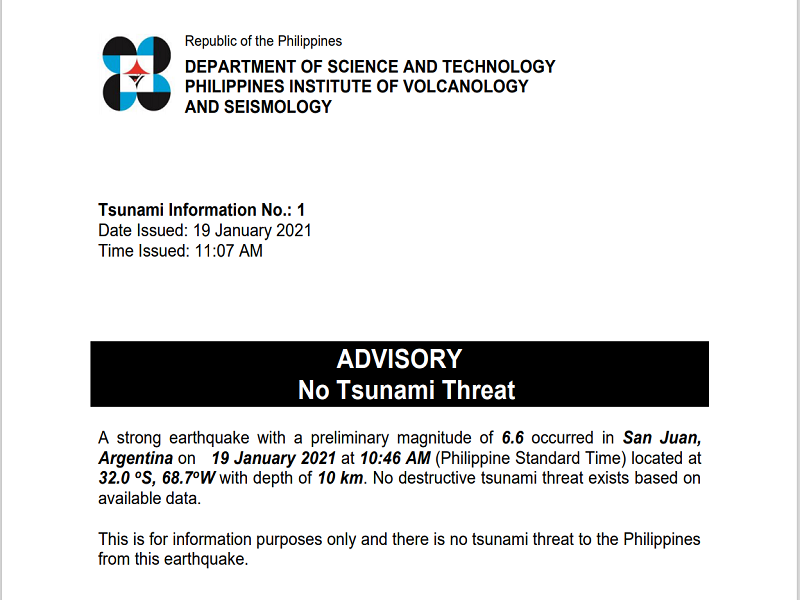 Phivolcs pinawi ang pangamba ng tsunami kasunod ng magnitude 6.6 na lindol na tumama sa Argentina