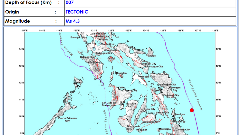 Burgos, Surigao Del Norte niyanig ng magnitude 4.3 na lindol