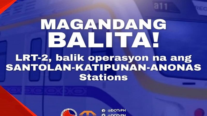Santolan, Katipunan, Anonas stations ng LRT-2 balik-operasyon na