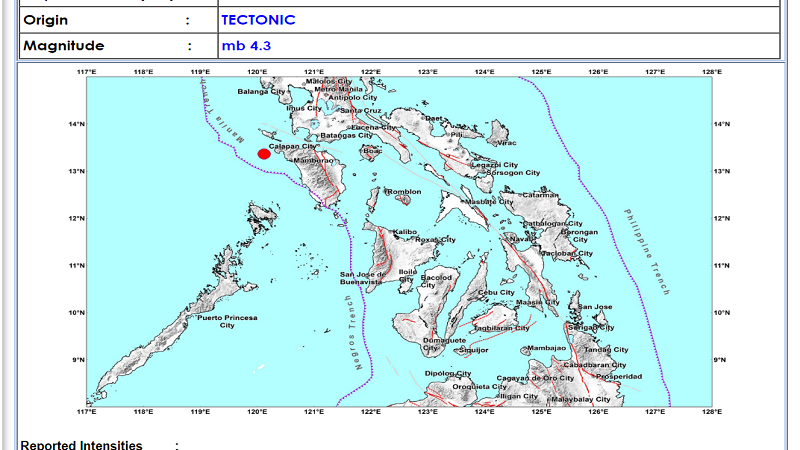 Paluan, Occidental Mindoro niyanig ng magnitude 4.9 na lindol