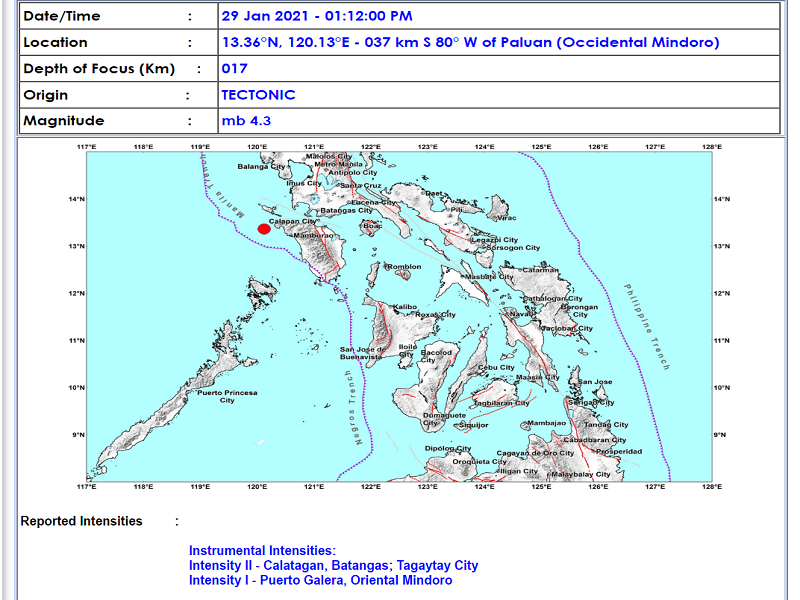 Paluan, Occidental Mindoro niyanig ng magnitude 4.9 na lindol