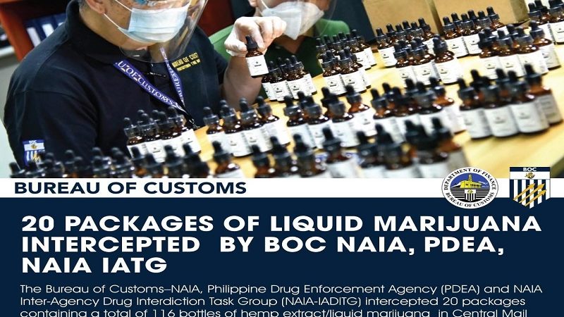 116 na bote ng liquid marijuana nakumpiska ng Customs