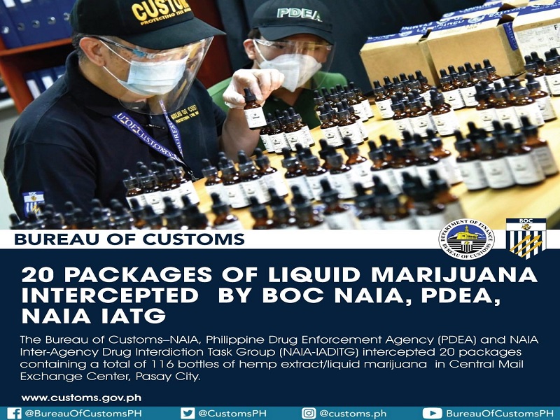 116 na bote ng liquid marijuana nakumpiska ng Customs