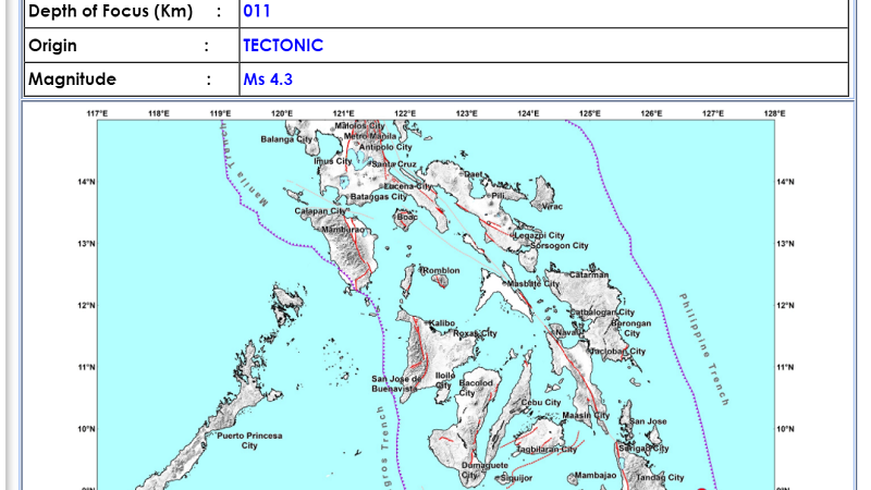 Bayabas, Surigao del Sur niyanig ng magnitude 4.3 na lindol