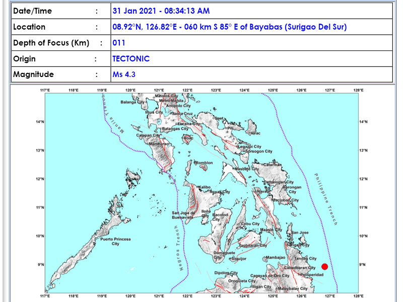 Bayabas, Surigao del Sur niyanig ng magnitude 4.3 na lindol