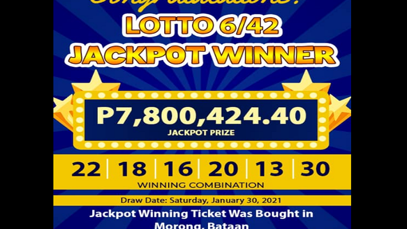 Lotto bettor mula Bataan wagi ng mahigit P7M na jackpot sa Lotto 6/42