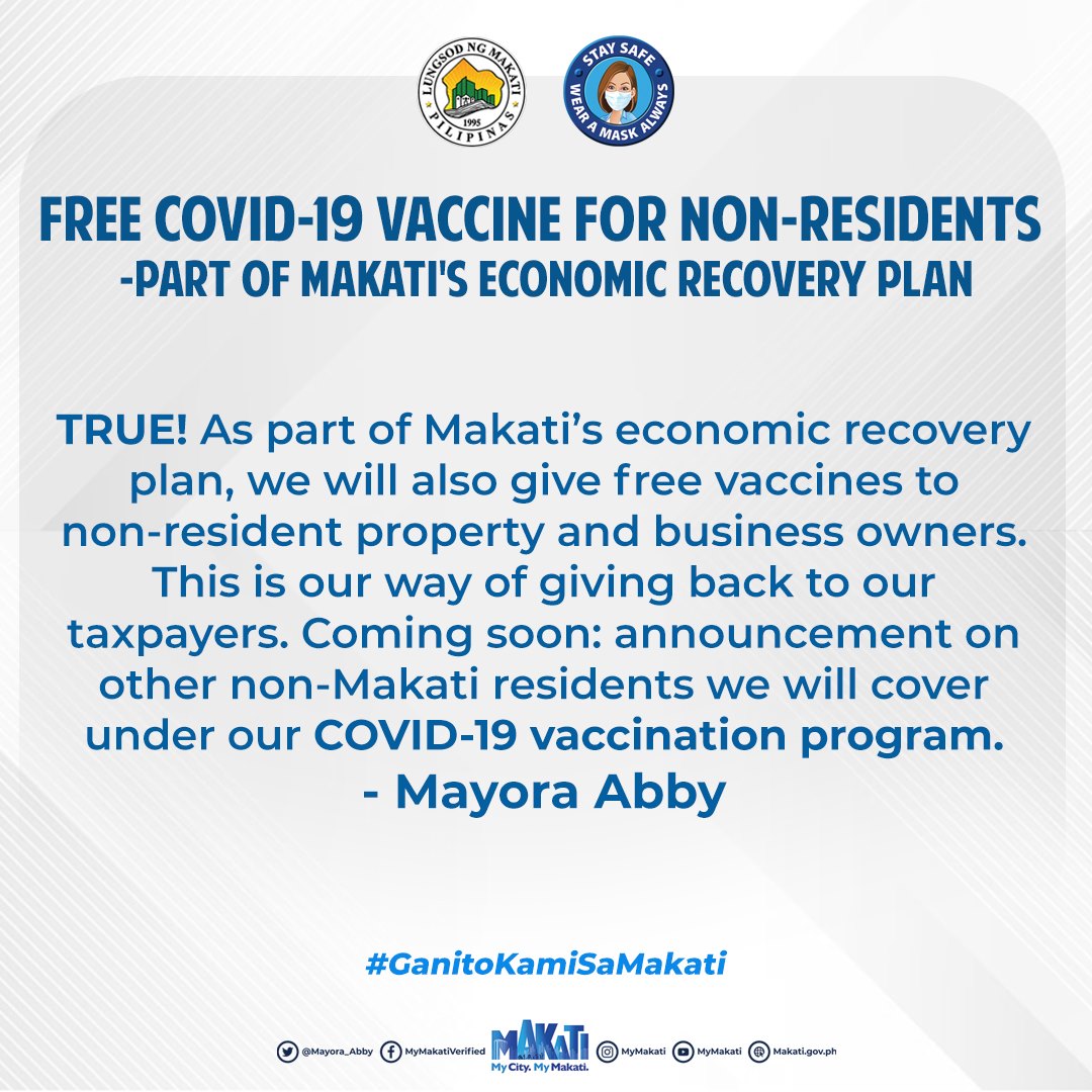 Makati City Govt. bibigyan din ng libreng COVID-19 vaccine ang mga hindi residente ng lungsod