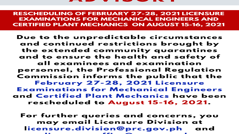 2021 licensure exams para sa Mechanical Engineers at Certified Plant Mechanics sa Agosto na lamang gagawin – PRC