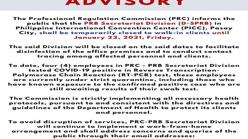 PRB Secretariat Division ng PRC sa PICC sarado sa publiko; 4 na empleyado nagpositibo sa COVID-19