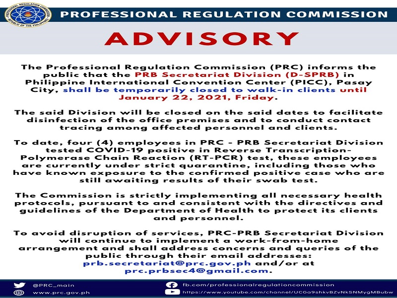 PRB Secretariat Division ng PRC sa PICC sarado sa publiko; 4 na empleyado nagpositibo sa COVID-19