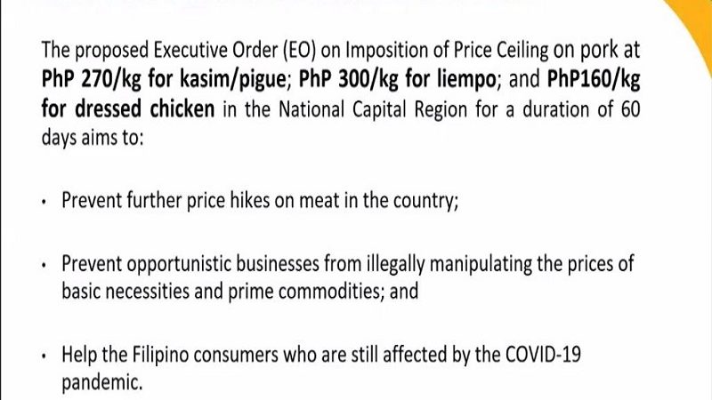 Pagpapatupad ng price ceiling sa karneng baboy at manok iminungkahi ng DA