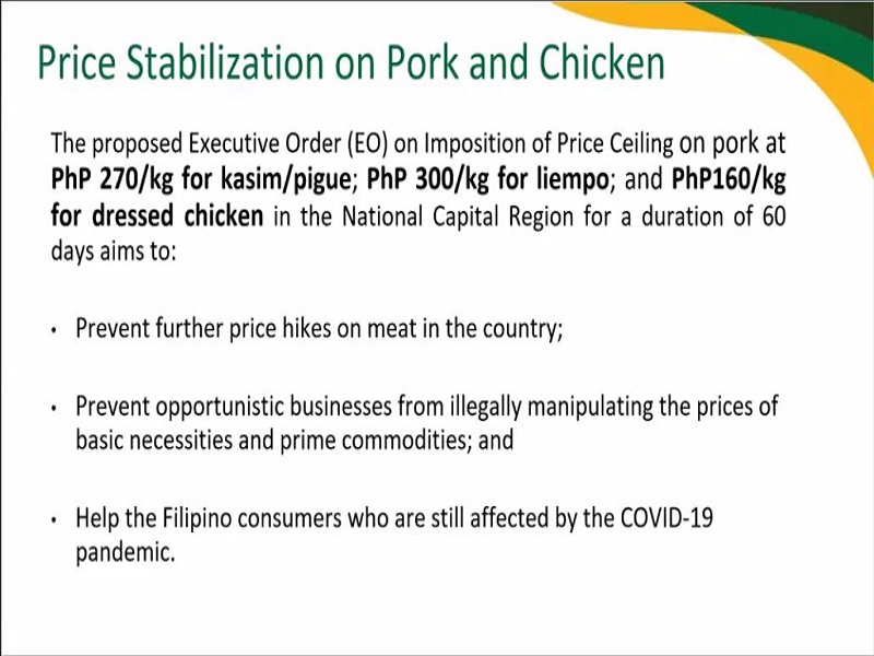 Pagpapatupad ng price ceiling sa karneng baboy at manok iminungkahi ng DA