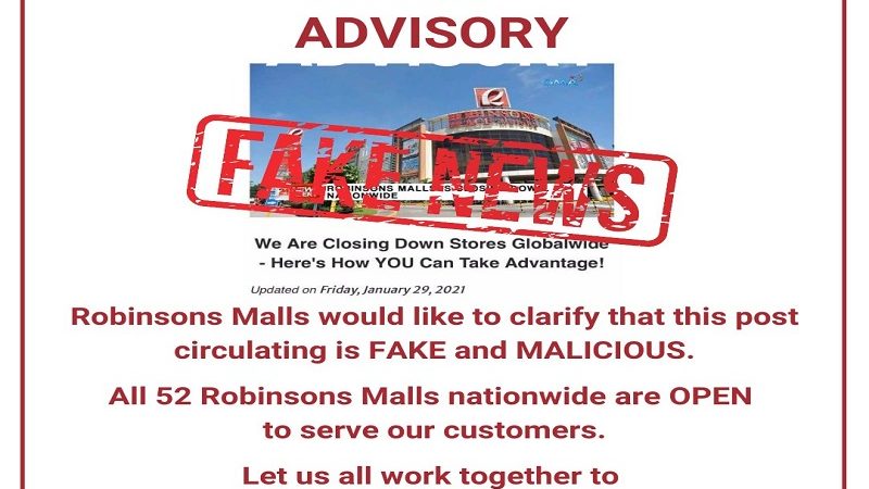 Pamunuan ng Robinsons Malls itinangging magsasara na ang lahat ng kanilang mall sa buong bansa