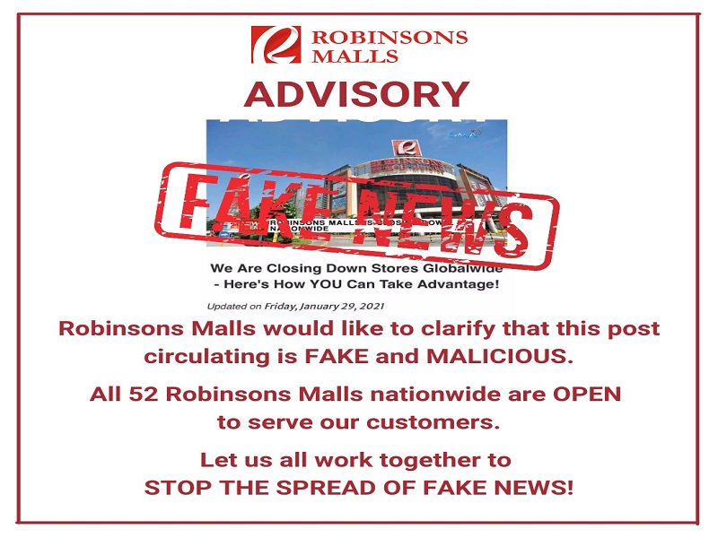 Pamunuan ng Robinsons Malls itinangging magsasara na ang lahat ng kanilang mall sa buong bansa