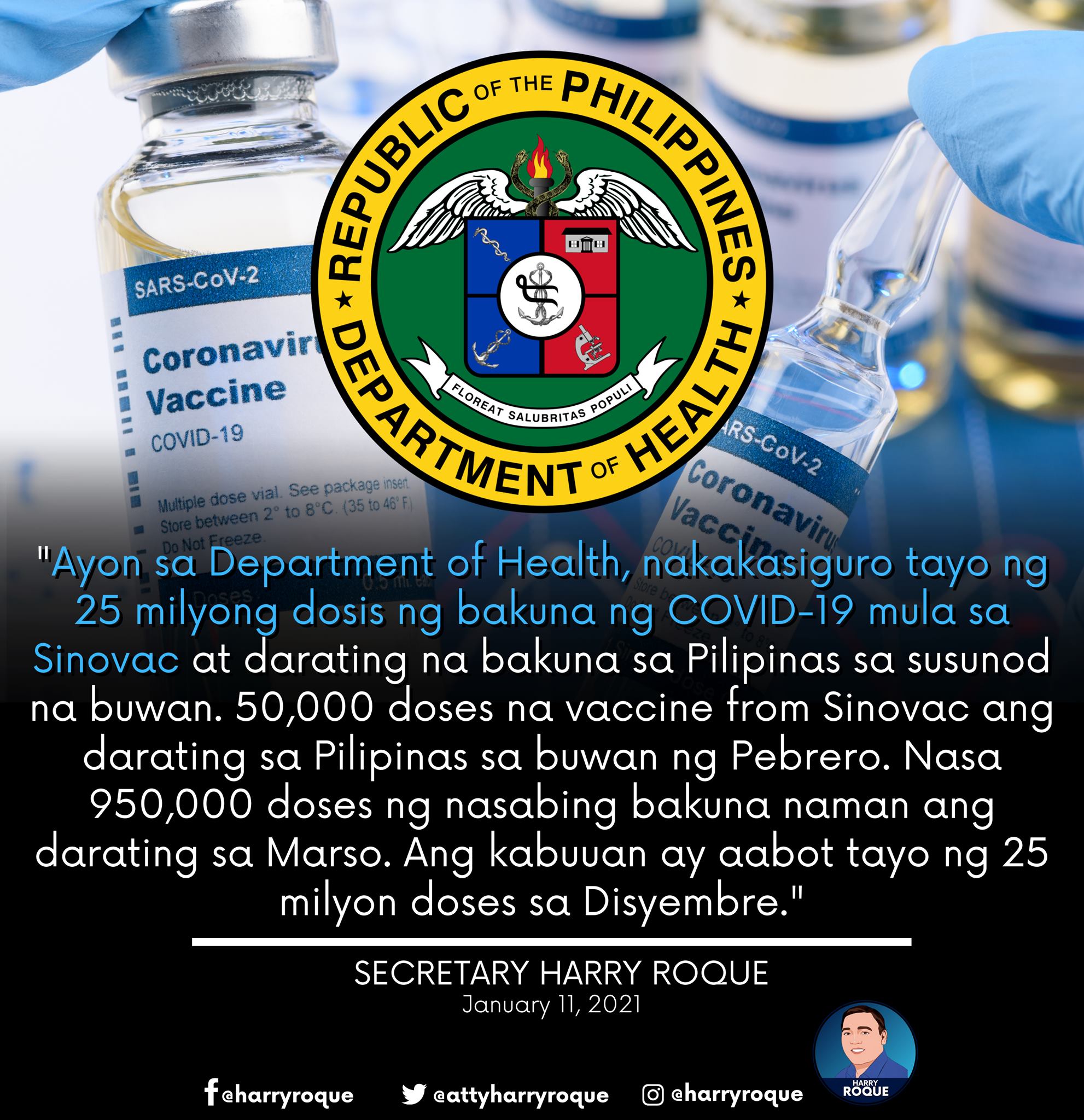 25 million doses ng Sinovac COVID-19 vaccine tiyak nang darating sa bansa – Malakanyang