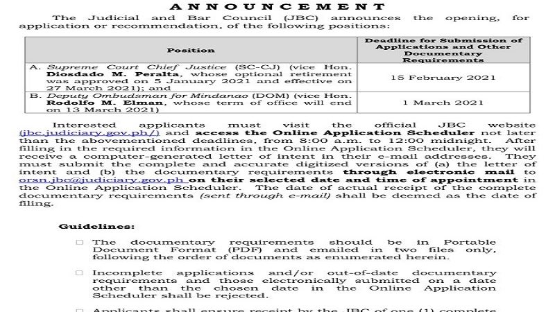 JBC binuksan na ang aplikasyon para sa magiging susunod na chief justice ng SC; optional retirement ni Peralta aprubado na
