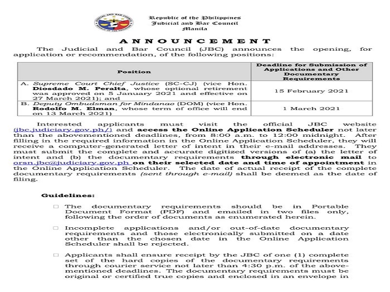 JBC binuksan na ang aplikasyon para sa magiging susunod na chief justice ng SC; optional retirement ni Peralta aprubado na