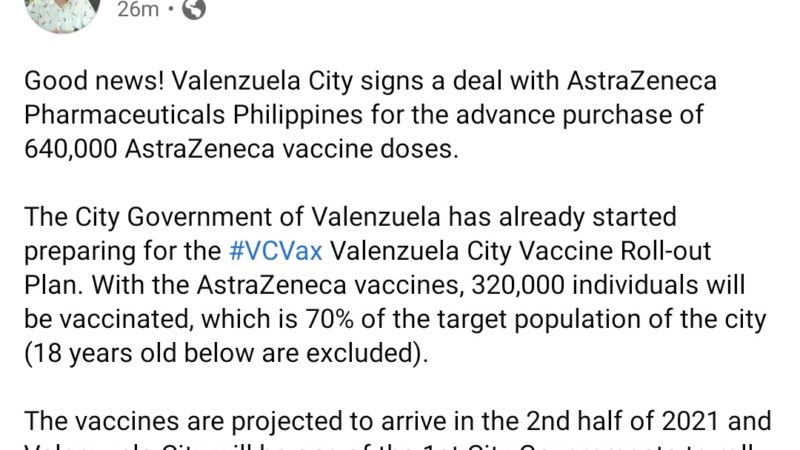 Valenzuela City LGU lumagda na ng kasunduan para sa pagbili ng 640,000 doses ng AstraZeneca vaccine