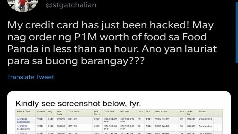 Credit card ni Sen. Sherwin Gatchalian na-hack; nag-order ng P1M na halaga ng pagkain sa Food Panda