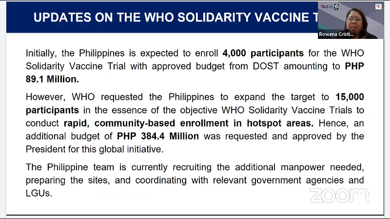 Solidarity vaccine trial ng WHO sa Pilipinas malapit nang simulan