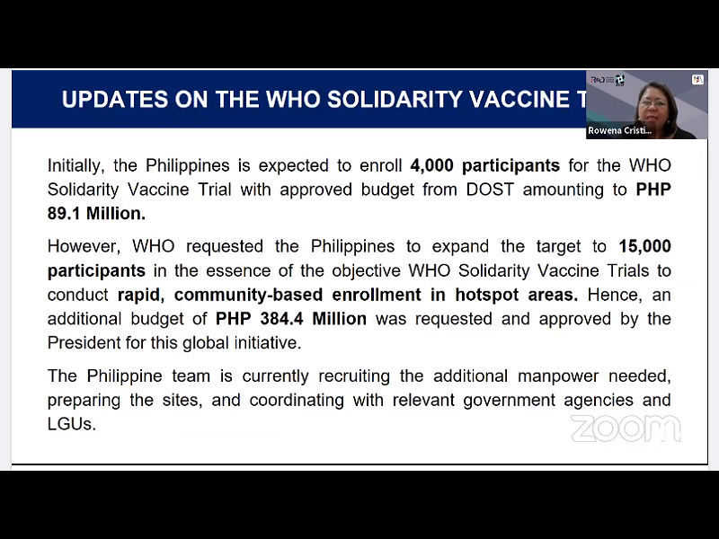 Solidarity vaccine trial ng WHO sa Pilipinas malapit nang simulan