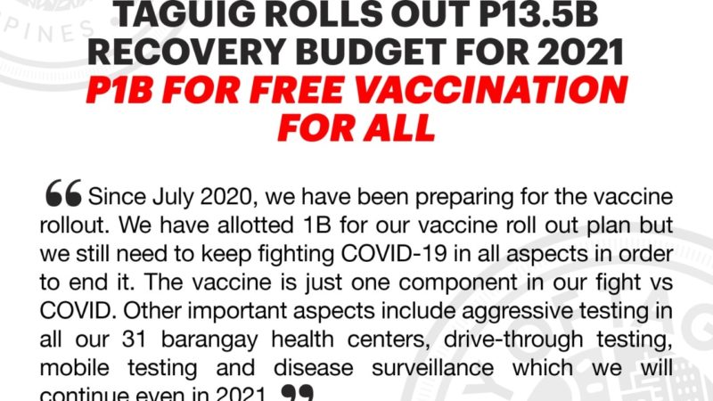 P1B na pondo inilaan ng Taguig City LGU para sa libreng bakuna kontra COVID-19