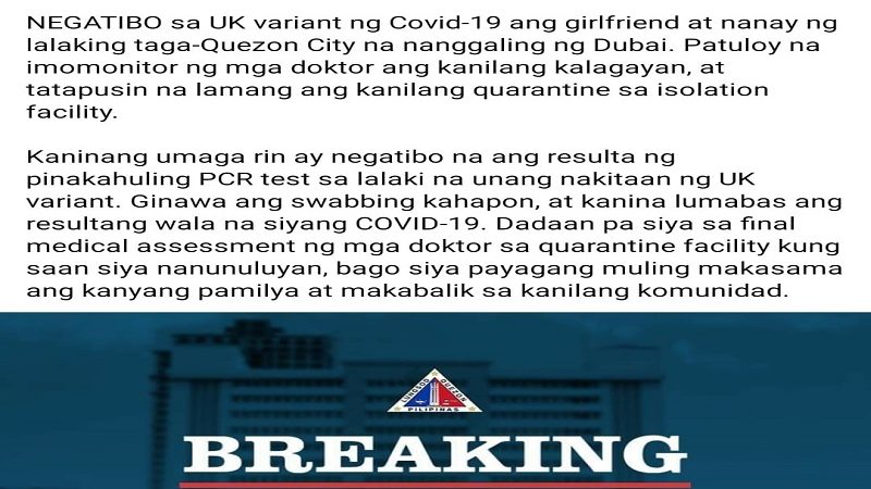 Lalaking galing Dubai na unang nagpositibo sa UK variant, negatibo na sa COVID-19