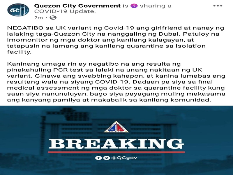 Lalaking galing Dubai na unang nagpositibo sa UK variant, negatibo na sa COVID-19