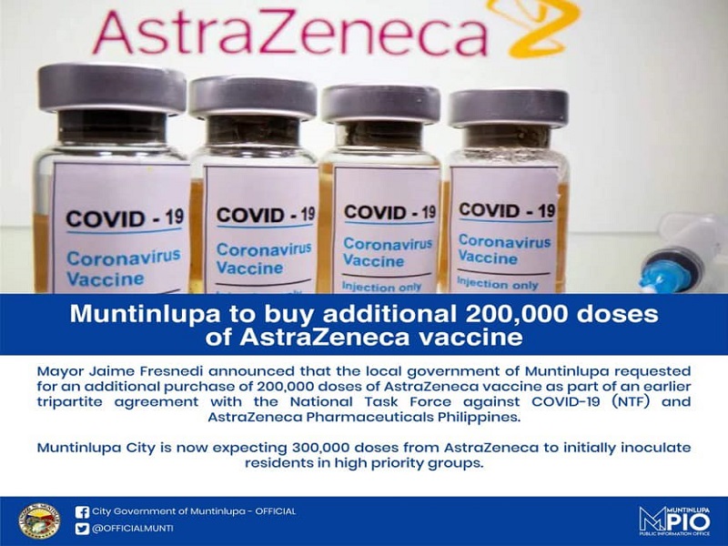 Muntinlupa City LGU bibili ng dagdag na 200,000 doses ng COVID-19 vaccine mula sa AstraZeneca