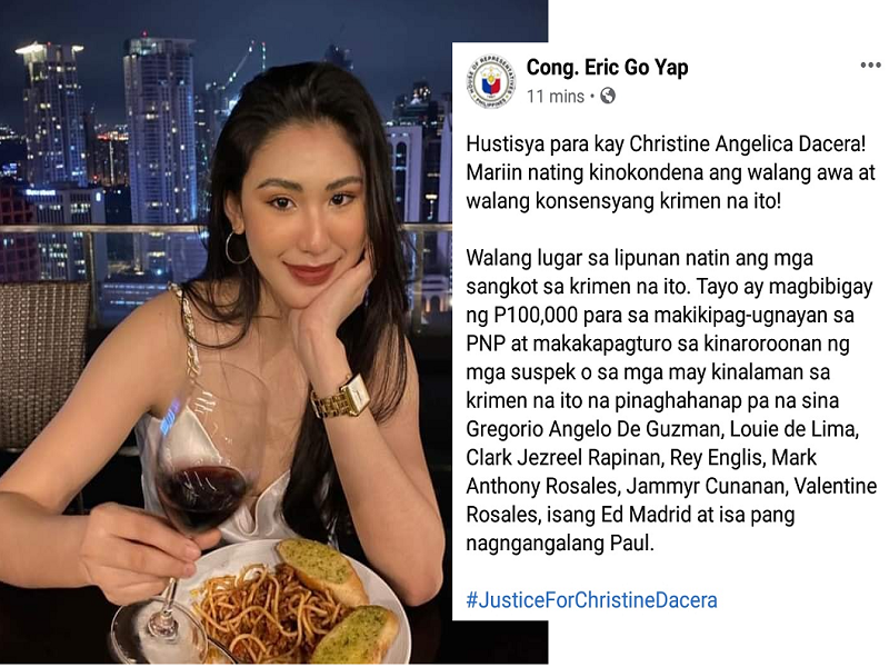 ACT-CIS Party list nag-alok ng P100,000 pabuya sa makapagtuturo sa mga suspek sa pagpatay kay Christine Angelica Dacera