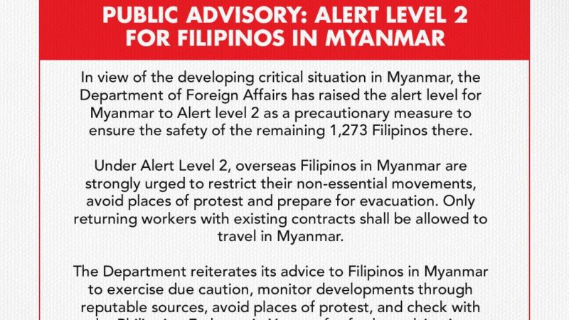 Alert Level 2 itinaas ng DFA sa Myanmar