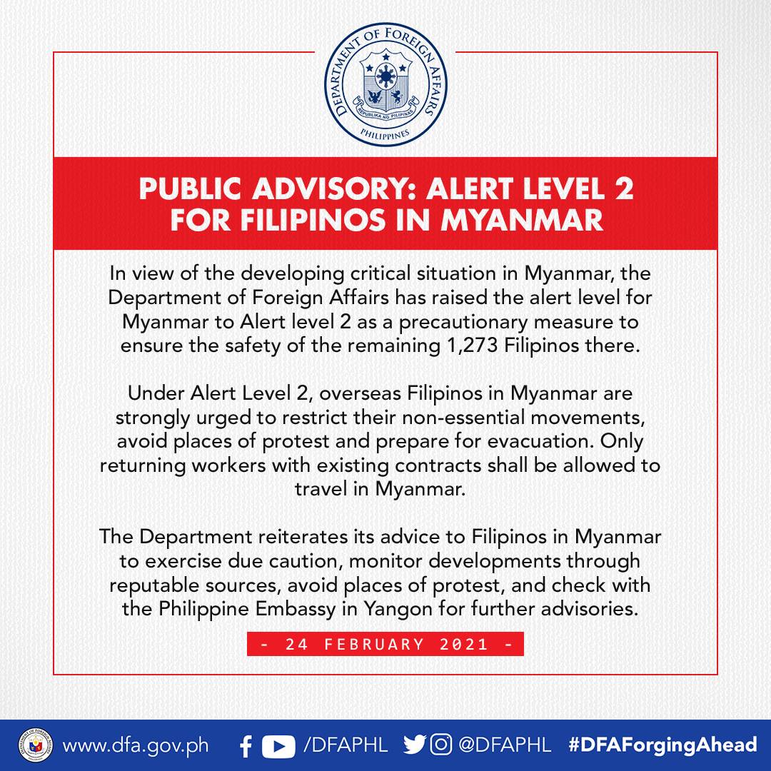 Alert Level 2 itinaas ng DFA sa Myanmar