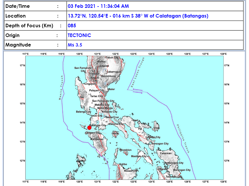 Calatagan, Batangas niyanig magnitude 3.5 na lindol