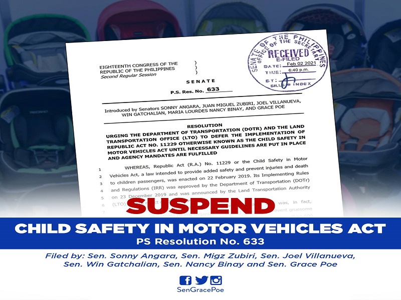 Child Safety in Motor Vehicles Act pinasusupinde ng mga senador