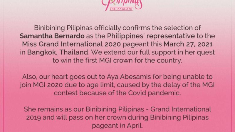 Pambato ng Pilipinas sa Miss Grand International 2020 na si Aya Abesamis hindi na makalalahok sa pageant sa Thailand