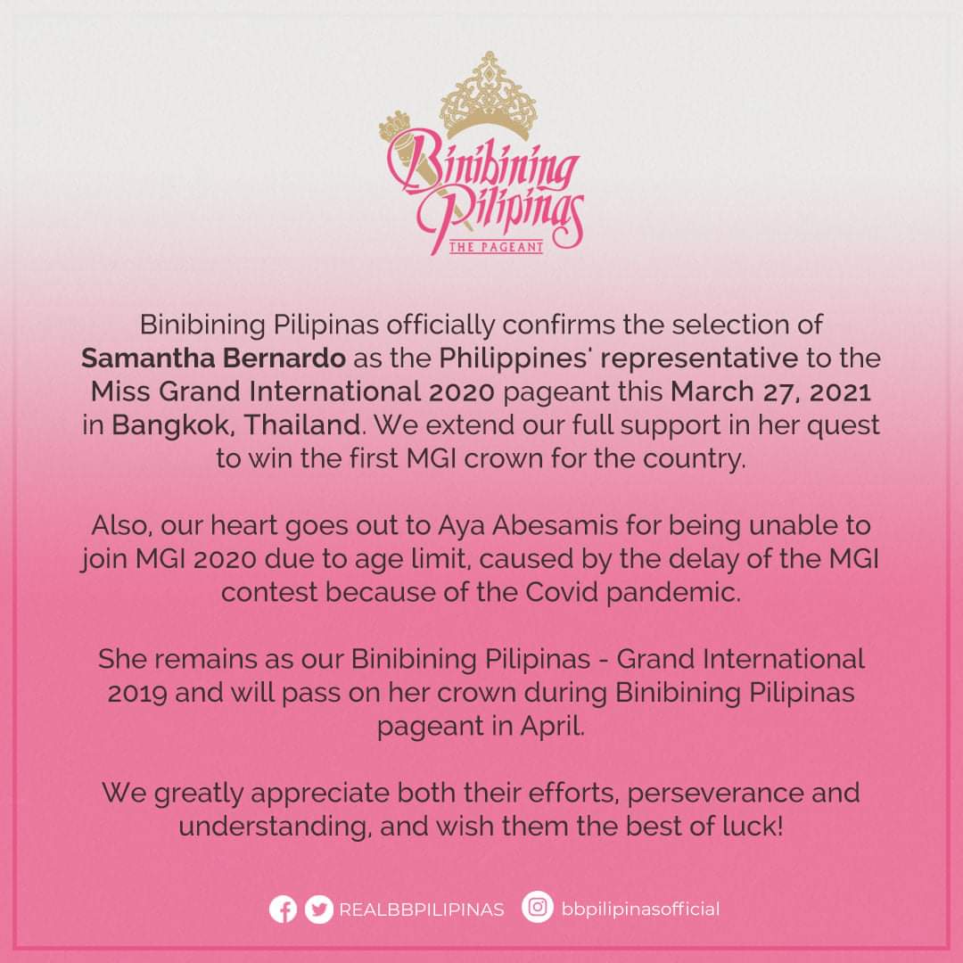 Pambato ng Pilipinas sa Miss Grand International 2020 na si Aya Abesamis hindi na makalalahok sa pageant sa Thailand