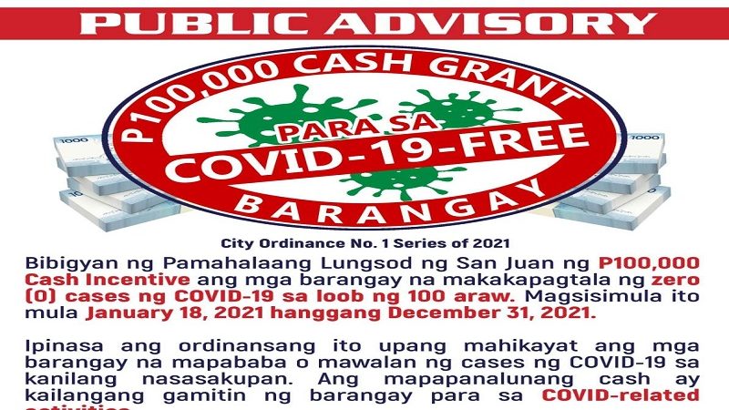 San Juan City LGU magbibigay ng P100,000 na cash grant sa COVID-19 Free Barangay