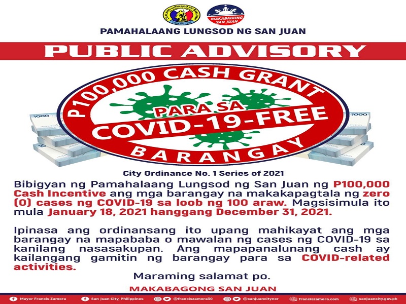 San Juan City LGU magbibigay ng P100,000 na cash grant sa COVID-19 Free Barangay