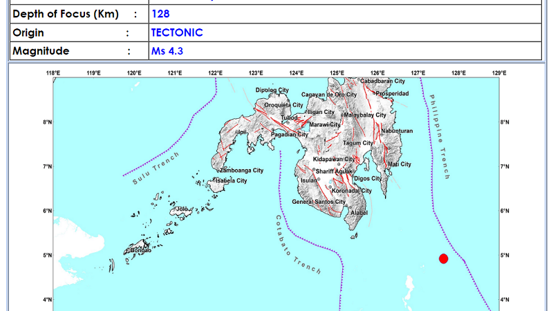 Magnitude 4.3 na lindol naitala sa Davao Occidental