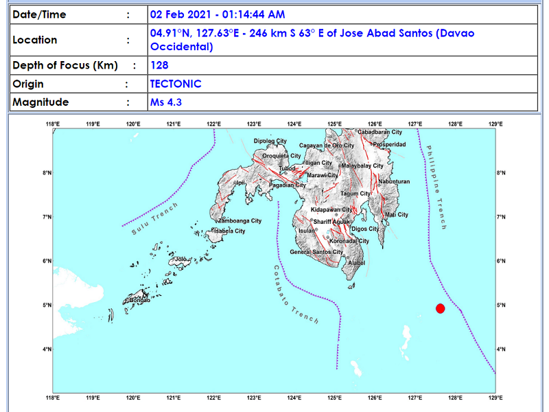 Magnitude 4.3 na lindol naitala sa Davao Occidental